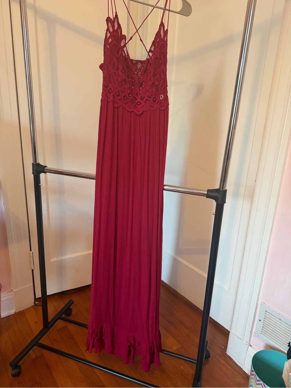 Free People Lace Bodice Crimson Maxi Dress with Crisscross Straps